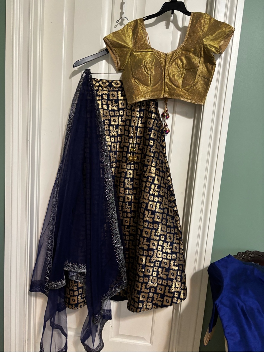 Gold and Navy Embroidered Lehenga Skirt with Gold Blouse & Dupetta Medium